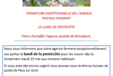FERMETURE EXCEPTIONNELLE DE L’AGENCE POSTALE PENDANT LE LUNDI DE PENTECÔTE