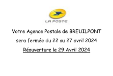 Fermeture de votre Agence Postale du 22 au 27 avril 2024